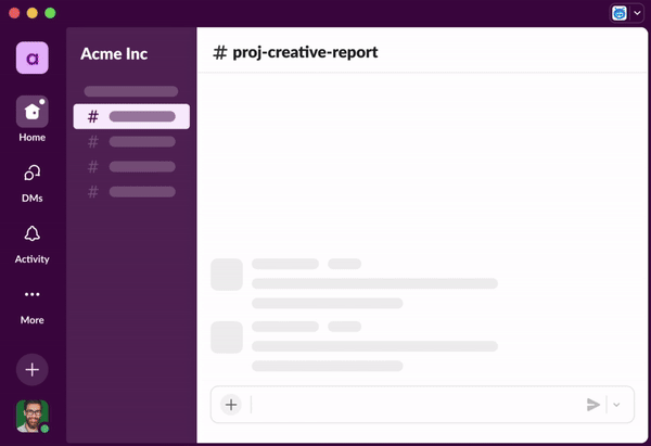 Slack workspace interface showing navigation within the 'proj-creative-report' channel. The user interacts with the sidebar, exploring different sections like Home, DMs, and Activity.