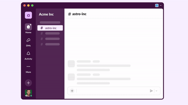 Slack workspace interface showing the 'astro-inc' channel. A user navigates through the sidebar, switching between channels and sections like Home, DMs, and Activity.