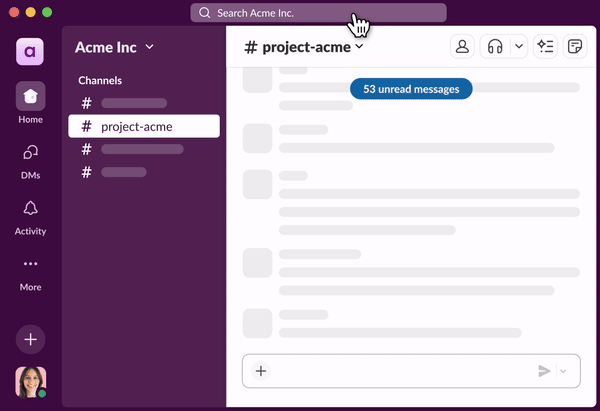 Slack workspace interface showing the 'project-acme' channel with 53 unread messages. A cursor hovers over the search bar at the top, demonstrating navigation and search functionality in the workspace.